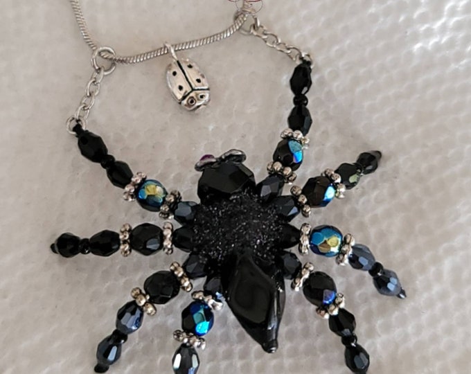 Little Black Crystal Spider Chasing Tiny Silver Ladybug | Crystal Spider Necklace | Unique Gift Idea | Handmade in the USA