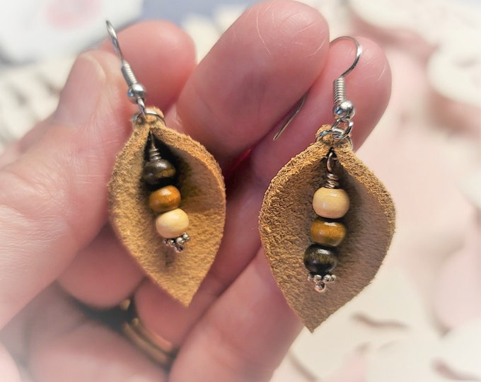 Petite Leather Earrings with Wood Embellishments | Hand Cut Leather | Leaf Shaped Earrings | Natural Leather | Handmade in USA