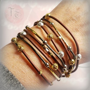 Multi-Strand BOHO Wrap Bracelet | Three Leather Cords Embellished with Filigree Beads and Tubes | Wear as Wrap Bracelet or Necklace