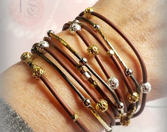 BOHO Wrap Bracelet, Three Strand Leather Necklace, Leather and Metal Jewelry, Multi Strand Beaded Bracelet, Leather Bracelet, Gift Idea