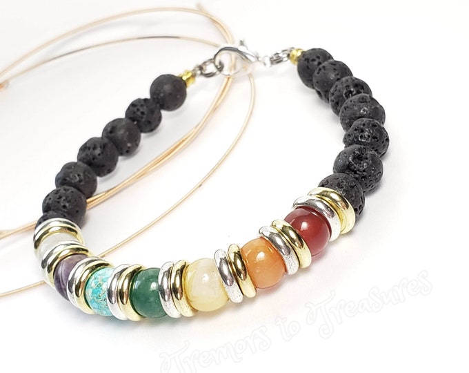 Gemstone and Lava Bead Chakra Bracelet | Musician's Guitar String Jewelry | Diffuser Bead Chakra Jewelry | Unisex Jewelry Made in the USA