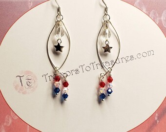 Red-White-Blue Swarovski Crystal Earrings Patriotic Dangle Earrings Perfect for Fourth of July Silver Star Jewelry Handmade in the USA