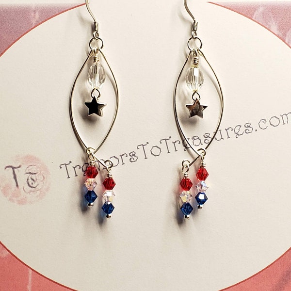 Red-White-Blue Swarovski Crystal Earrings Patriotic Dangle Earrings Perfect for Fourth of July Silver Star Jewelry Handmade in the USA