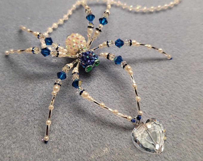 Crystal Heart Christmas Spider: Blue & White Beaded Suncatcher