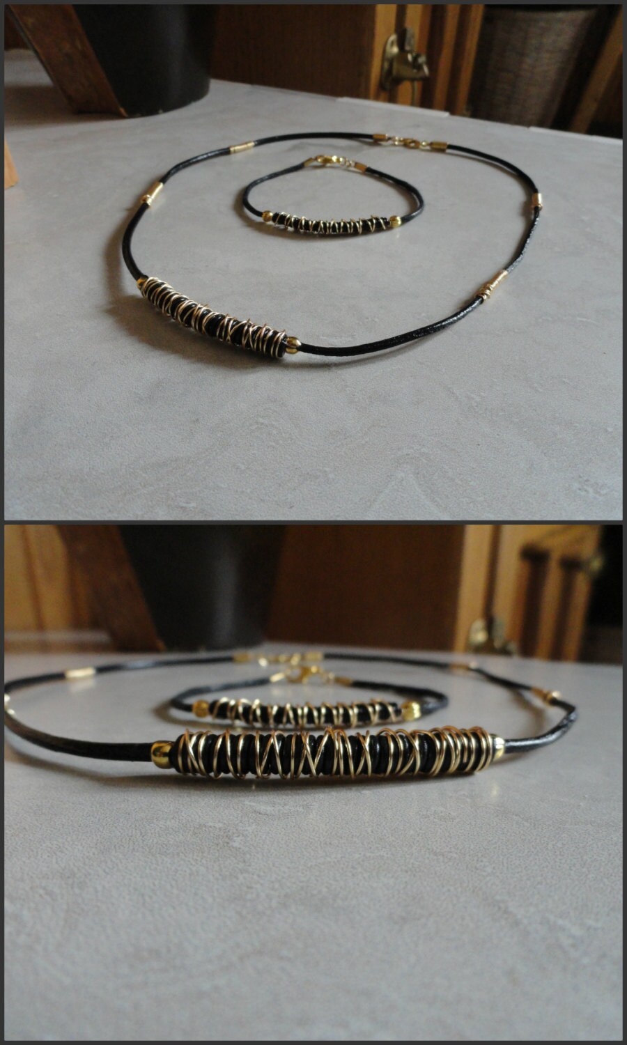 Colorful Coils Jewelry Set/Wire Tubes/Wrapped Wire Coils on Leather/Jewelry Set/Coiled Copper