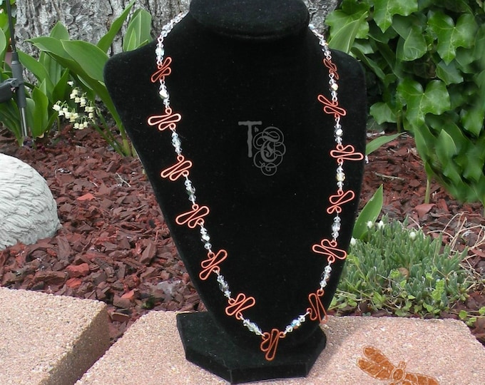 Copper and Crystals Metalwork Necklace | Hammered Copper Wire | Dragonfly Wing Design | AB Crystal Beaded Necklace | Handmade in the USA
