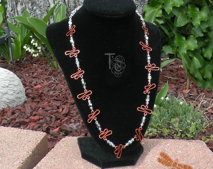 Copper Wings and Crystals Metalwork Necklace Hammered Copper Wire Dragonfly Wing Design Crystal Beaded Necklace Handmade in the USA