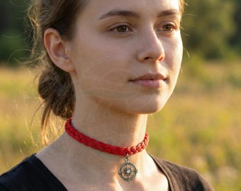 Red Braided Paracord Necklace: Silver Compass Charm, Adjustable Choker