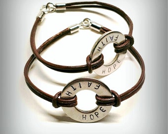 Custom Hand Stamped Washer Bracelet: Leather or Cotton Cord