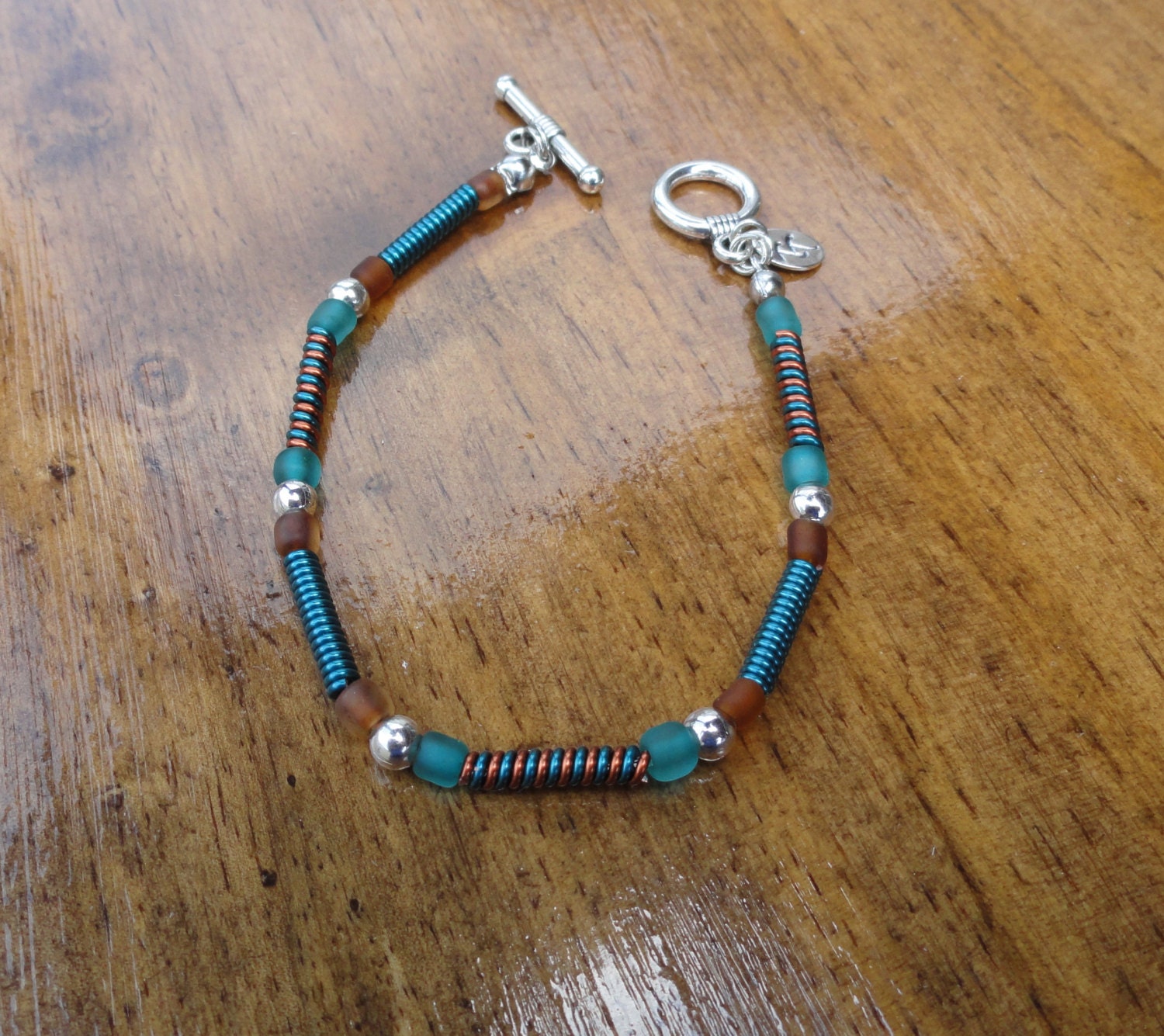 Teal and Copper Wire Coil Bracelet/Copper Wire/Coiled Wire Stretch