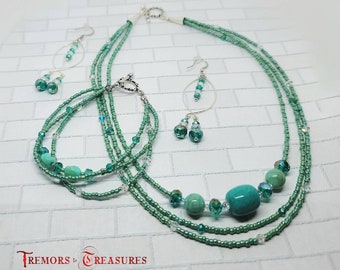 Three Piece Jewelry Set Includes Necklace Bracelet and Earrings | Faux Turquoise and Emerald Green Crystals | Handmade in the USA