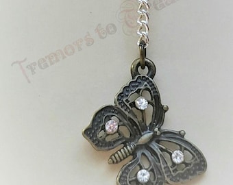 Rhinestone Butterfly Necklace: Antique Bronze Crystal Pendant, Handmade USA