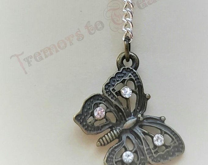 Rhinestone Butterfly Necklace: Antique Bronze Crystal Pendant, Handmade USA