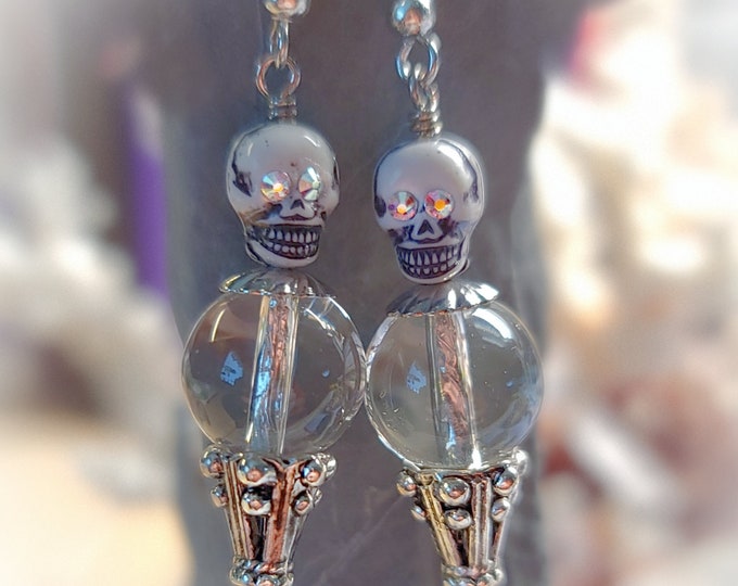 Skull and Crystal Ball Earrings | Skulls with Rhinestone Eyes | Goth and Fantasy Jewelry | Handmade in USA Essential Tremors Awareness