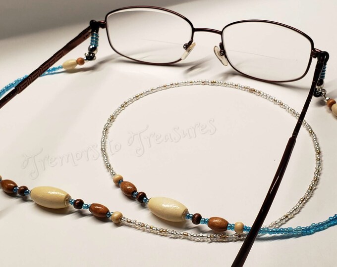 Eyeglass Lanyard | Blue and Ivory Beads with Natural Wood Accents | Eyewear Fashion Accessory | Leash for Sunglasses | Handmade in the USA