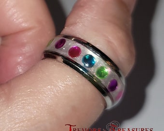 Rainbow Rhinestones Ring | 8mm Stainless Steel Band in Silver Gunmetal or Gold | Resin Inlay Ring | Handmade Ring | Buy more and save