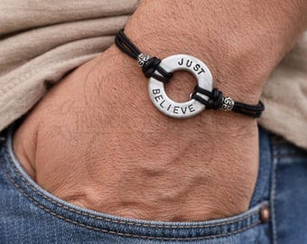 Inspirational Hand Stamped Washer Bracelet: Just Breathe or Just Believe Cord Jewelry