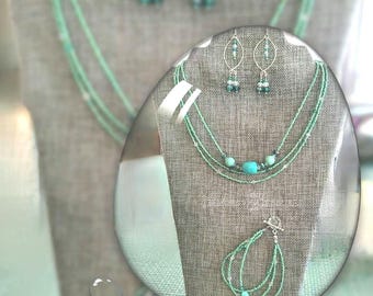 Handmade Green Crystal Jewelry Set: Necklace, Bracelet & Earrings