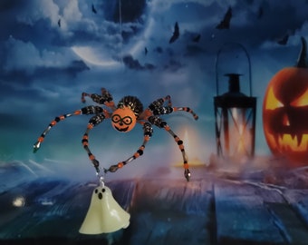 Halloween Spider | Gourdgeous George Halloween Spider | Large Halloween Spider with Handmade Ghost Charm | Handmade Halloween Decoration
