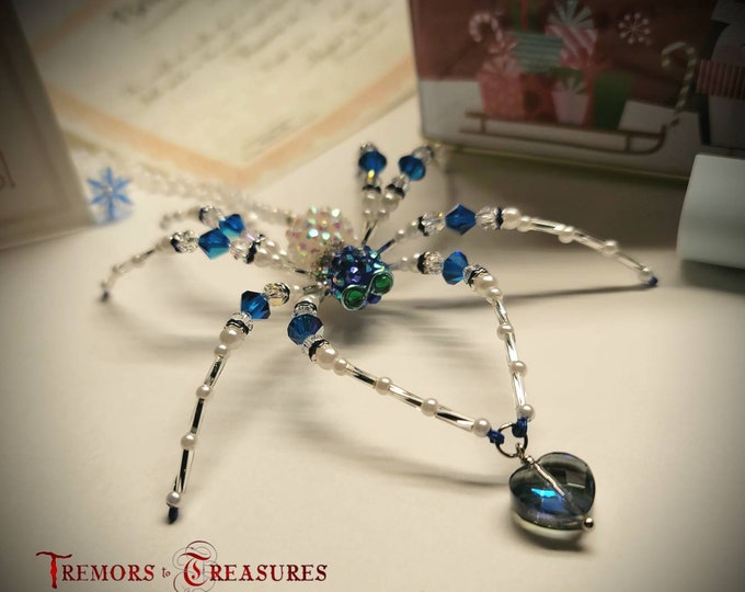 Crystal Heart Christmas Spider: Blue & White Beaded Suncatcher