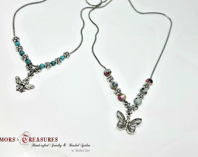 Nature Lovers Necklace | Silver Snake  Chain with Pearlescent Beads and Silver Flower accents | Butterfly | Honey Bee | Handmade in the USA