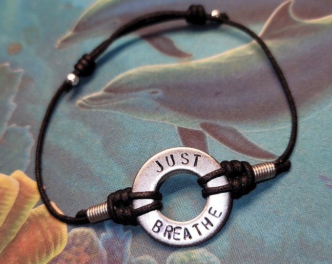 Just Breathe Hand Stamped Bracelet | Stamped Washer Jewelry |  Gift Idea | ID Bracelet | Memorial Bracelet | Adjustable Cord Bracelet