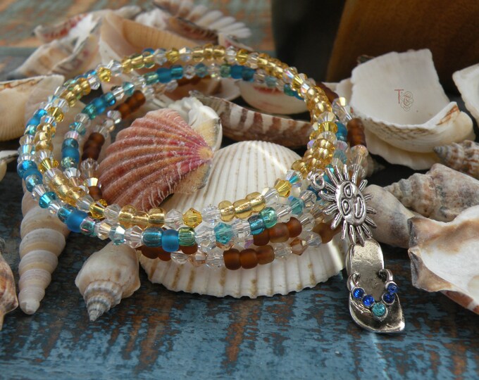 Sun Sea and Sand Memory Wire Bracelet | Summer Jewelry | Flip Flops Charm | Beaded Bracelet | Nautical Jewelry | Handmade in USA | Gift Idea