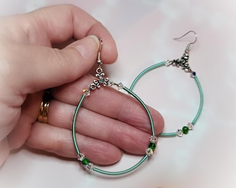 Green Wire Hoop Earrings: Crystal & Tibetan Silver Coiled Jewelry