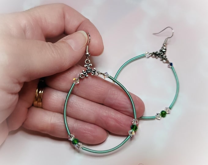 Green Wire Hoop Earrings: Crystal & Tibetan Silver Coiled Jewelry
