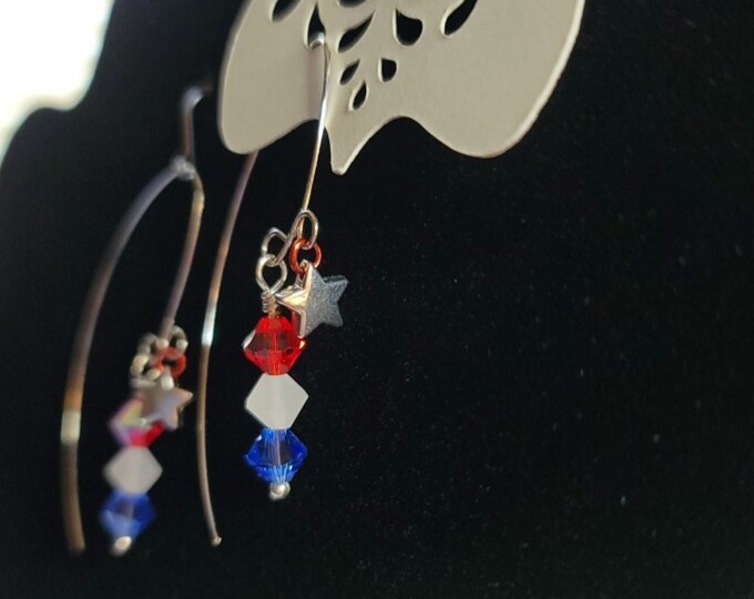 Silver Threader Earrings Dangle Earrings with Swarovski Crystals Patriotic Earrings Red White and Blue Earrings Silver Star Charm