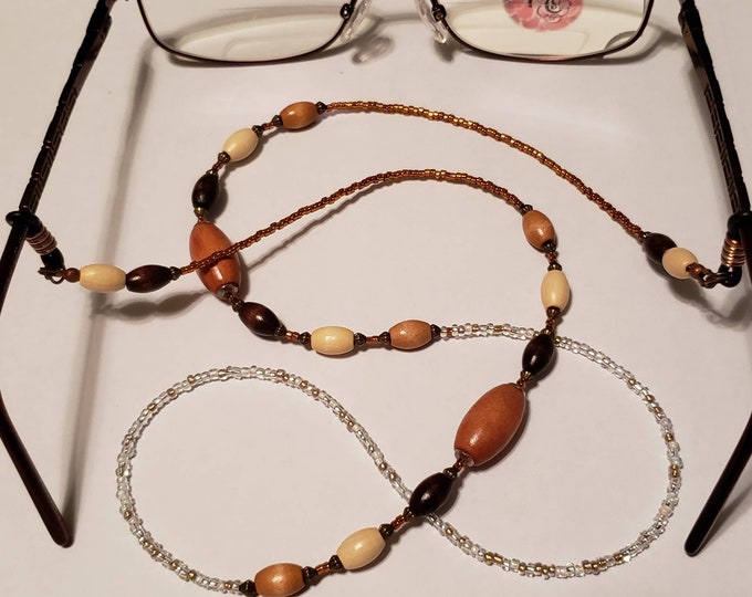 Fashionable Eyeglass Lanyard for Readers or Sunglasses Wood Beads Eyeglass Chain Eyeglass Chain Handmade Copper and White Beaded Lanyard