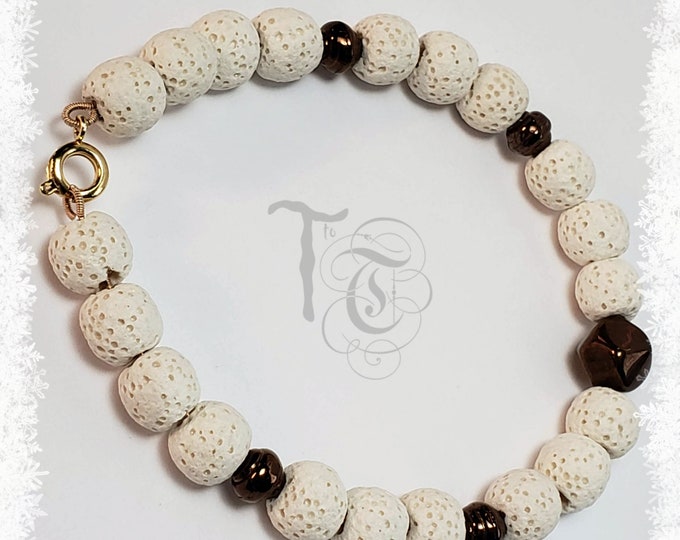 Lava Stone Bracelet: Bronze Accents, Guitar String Jewelry, Essential Oil Diffuser