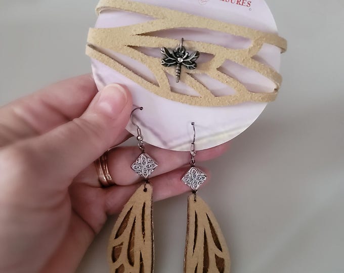 Cut Leather Dragonfly Wing Cuff Bracelet and Matching Earrings | Natural Soft Leather with Dragonfly Charm | Layered Dragonfly Wing Earrings
