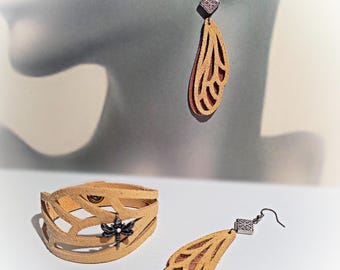 Cut Leather Dragonfly Wing Cuff Bracelet and Matching Earrings | Natural Soft Leather with Dragonfly Charm | Layered Dragonfly Wing Earrings