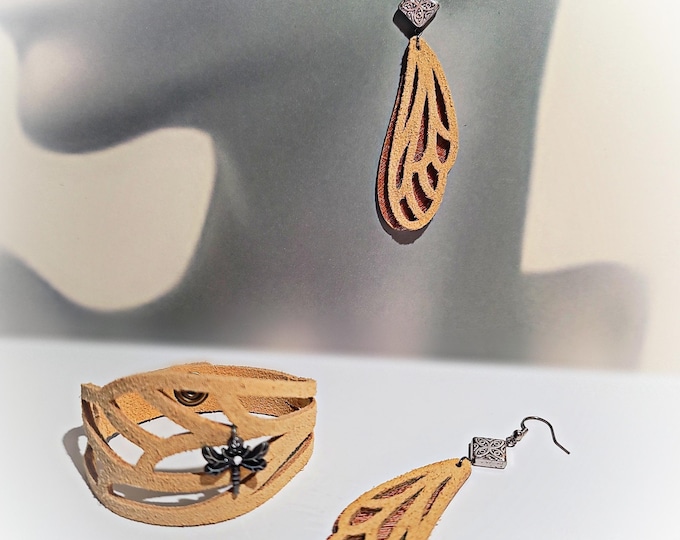 Cut Leather Dragonfly Wing Cuff Bracelet and Matching Earrings | Natural Soft Leather with Dragonfly Charm | Layered Dragonfly Wing Earrings