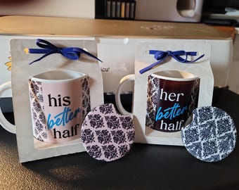 Couples Coffee Mugs | His Better Half | Her Better Half | Custom Coffee Cups | 12oz Coffee Cups | Matching Car Coasters Included | 2 Mug Set