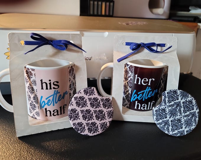 Couples Coffee Mugs | His Better Half | Her Better Half | Custom Coffee Cups | 12oz Coffee Cups | Matching Car Coasters Included | 2 Mug Set