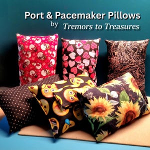 May include: Six different patterned pillows, all in black and white or black and red, with various designs including hearts, emojis, and sunflowers. The pillows are arranged on a wooden surface. The text "Port & Pacemaker Pillows by Tremors to Treasures" is displayed above the pillows.