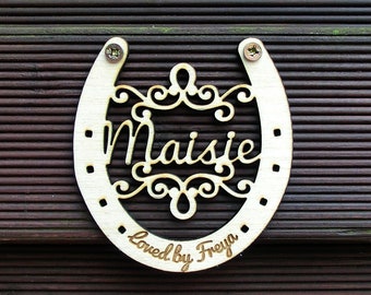 Personalised horseshoe sign with your horse's name, 15cm by 9cm