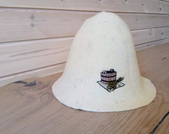 Sauna hat with decorative embroidery, felt, 100% wool (bath cap)