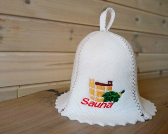 Sauna hat with decorative embroidery, felt, white (bath cap)