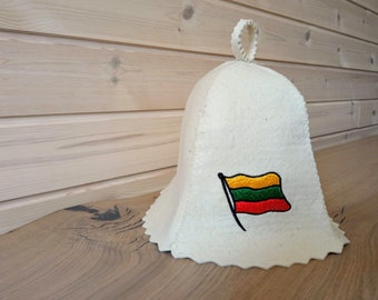 Sauna hat with decorative embroidery, felt, 100% wool, Lithuanian flag (bath cap)