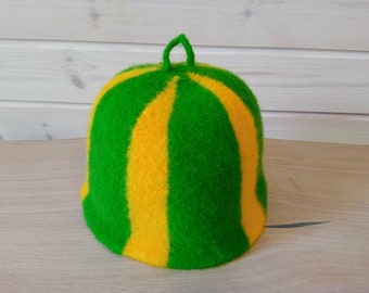 Striped sauna hat, felt, 100% wool, bright, green and yellow (bath cap)