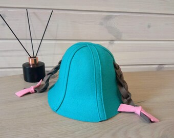 Sauna hat, felt, 100% wool, bright teal, 'Happy Pigtails' (bath cap)