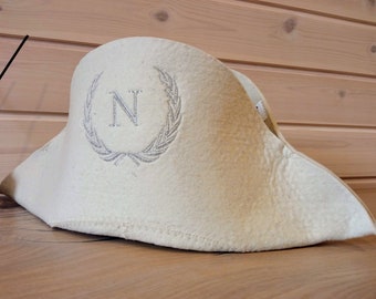 Sauna hat with embroidery, felt, 100% wool, 'Napoleon' style (bath cap)