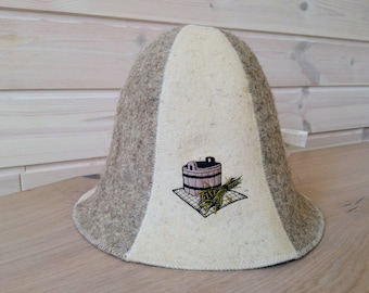 Sauna hat with decorative embroidery, felt, 100% wool (bath cap)