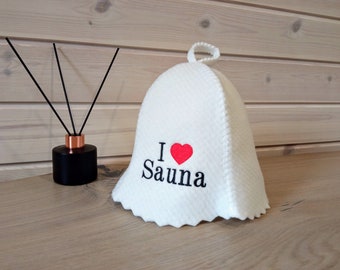 Sauna hat with decorative embroidery, felt, white (bath cap)