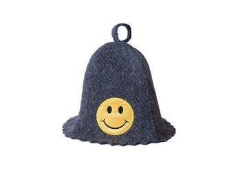 Sauna hat with embroidery, gray, 'Smile' (bath cap)
