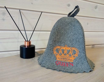 Sauna hat with decorative embroidery, felt, 100% wool ('Queen' bath cap)