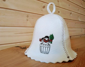Sauna hat with decorative embroidery, felt, white (bath cap)